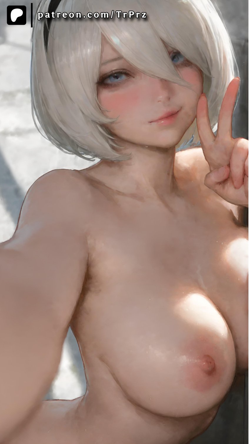 ai_generated blue_eyes blush breasts female female_only looking_at_viewer nier:_automata nipples nude selfie solo trugprz v white_hair yorha_2b