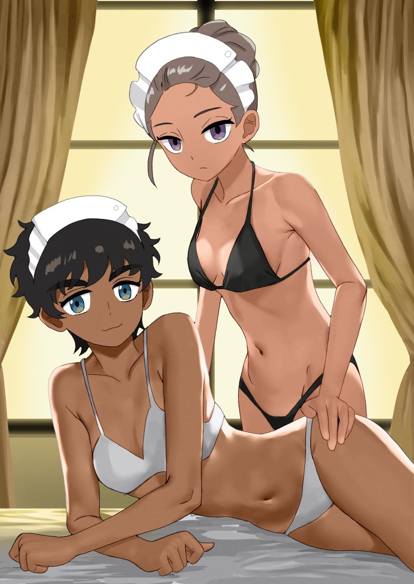 2girls dark-skinned_female gundam gundam_gquuuuuux indian indian_female kanchana kinomiki lingerie maid maid_headdress petite teenage_girl tomboy vani_(gundam)