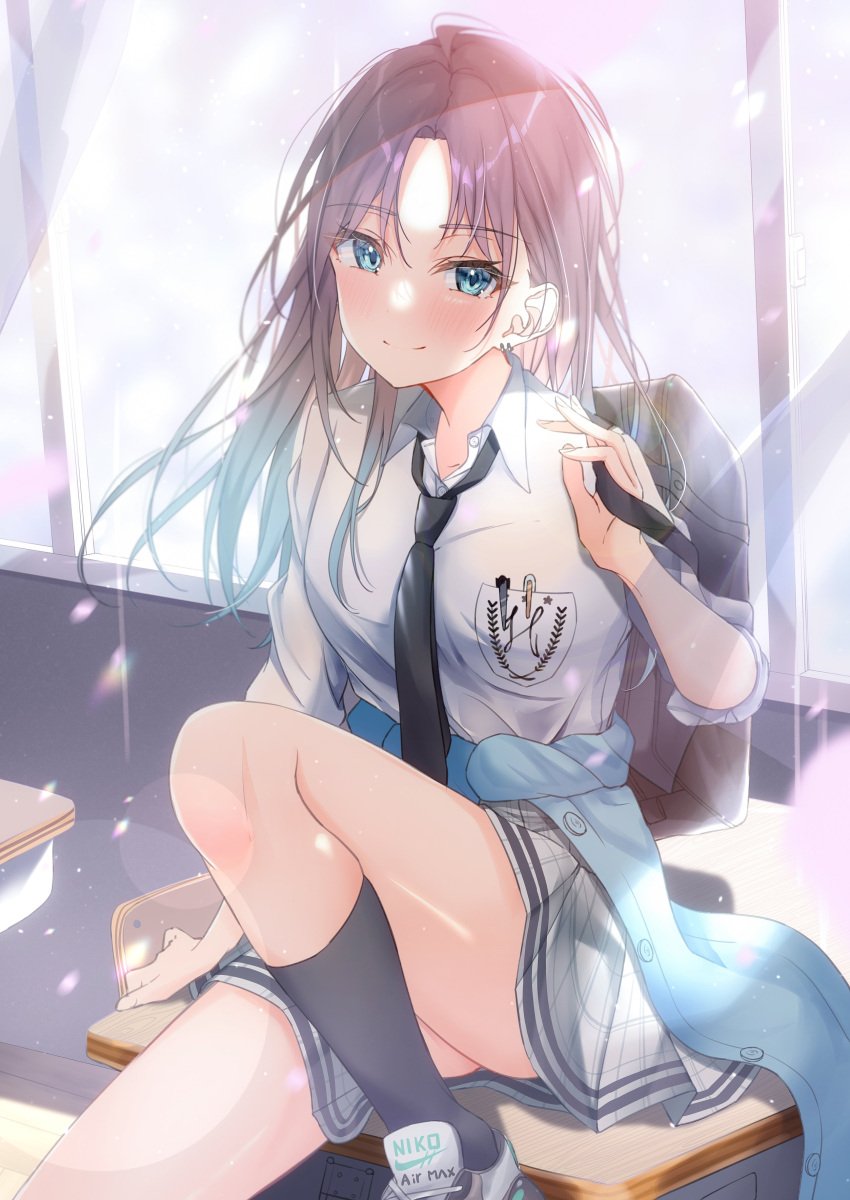 1girls absurdres alternate_hair_length alternate_hairstyle aqua_eyes aqua_hair asakura_toru backpack bag black_necktie black_socks blue_jacket blush breast_pocket breasts clothes_around_waist collared_shirt desk ear_piercing earrings female gradient_hair grey_skirt highres idolmaster idolmaster_shiny_colors jacket jewelry kunimine_yuzuki leg_up long_hair looking_at_viewer multicolored_hair necktie on_desk parted_bangs piercing plaid_clothes plaid_skirt pocket purple_hair school_uniform shirt shoes sitting skirt sleeves_rolled_up small_breasts smile sneakers socks solo white_shirt