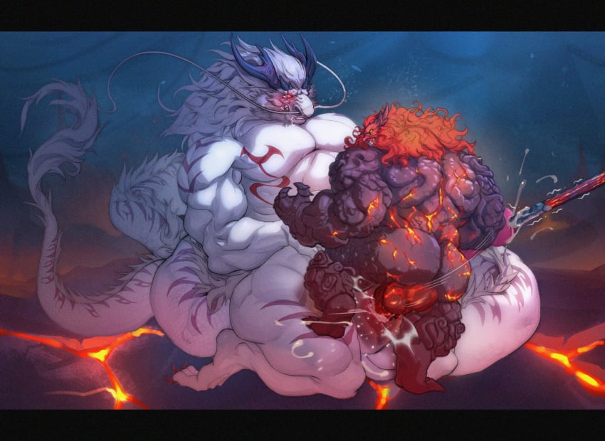 animal_genitalia anthro ao_guang balls black_body blush bodily_fluids clenched_teeth cum cum_splatter dragon drooling duo eastern_dragon erection foot_on_knee genital_fluids genital_slit genitals hair hands_behind_back hi_res humanoid_genitalia humanoid_penis kazhijun kneeling male male/male muscular mythological_creature mythological_scalie mythology penetration penile penile_penetration penis penis_in_slit red_hair sackless saliva scalie slit_penetration slit_play teeth urethral urethral_penetration white_body