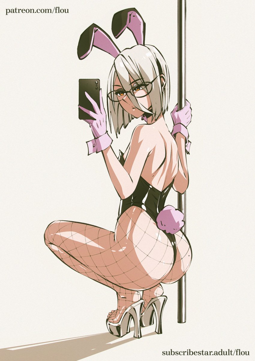 1boy ass big_ass bubble_butt bunny_boy bunny_ears bunny_tail bunnysuit cellphone crouching fat_ass femboy fishnets flou flou_(character) glasses gloves heels huge_ass large_ass male male_only phone pole pole_dancing selfie shoes solo squatting stripper_pole thick_ass thick_thighs white_hair wide_hips yellow_eyes