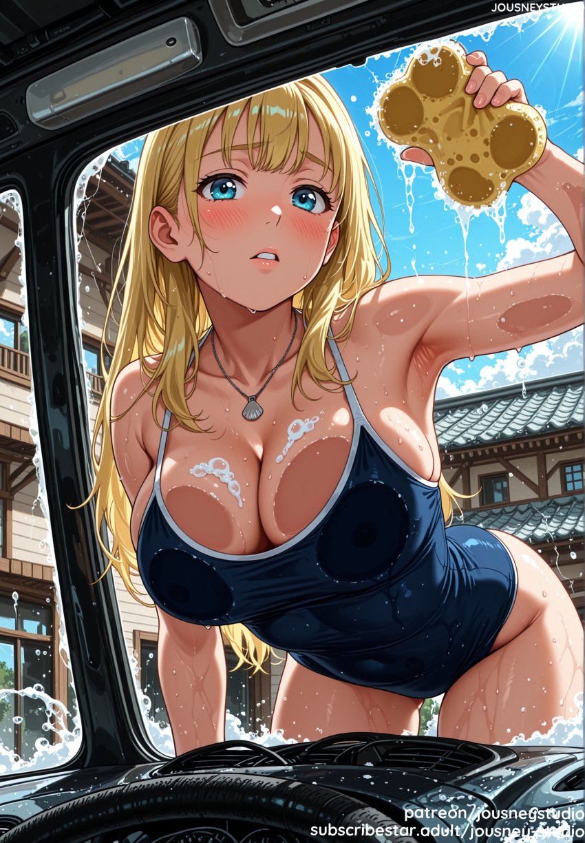 against_glass ai_generated all_fours areolae armpits bangs bare_shoulders blonde_hair blue_eyes blue_one-piece_swimsuit blue_sky blush breast_press breasts breasts_on_glass building car clavicle cleaning cleavage clothing cloud collarbone competition_school_swimsuit competition_swimsuit covered_navel day earrings female female female_only ground_vehicle holding jewelry jousneystudio kofune_ushio large_breasts leaning_forward lips long_hair looking_at_viewer motor_vehicle navel necklace nipples one-piece_swimsuit original outdoors parted_lips partially_submerged pool poolside school_swimsuit see-through sky soap_bubbles solo sponge standing summertime_render sweat swimsuit tank_suit thighs wading washing water water_drop wet wet_clothes wet_swimsuit window