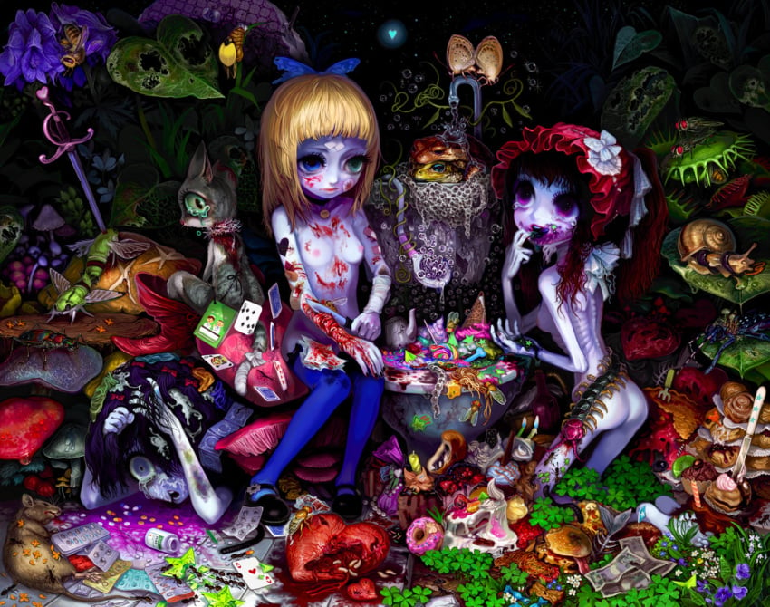 alice_in_wonderland alice_liddell artistic_nude ass bandage bleeding blonde_hair blood blood_stain bloody_bandage book boots breasts butterfly candy card cards cat clover color colorful cum cum_on_hair fairy_tales faucet feline food frog fur furry_ears gore green_eyes grey_fur grimms'_fairy_tales guro hair hamburger heart heterochromia impalement incision injury insects interspecies knife maggot maggots mice money nipples nonsexual_nudity nude pointy_ears public_domain puncture purple_eyes puss_in_boots red_blood red_hair ribs self_harm shoes sitting snail snow_white_(fairy_tales) snow_white_(grimm) sword tattoo tears weapon what wound yukaman