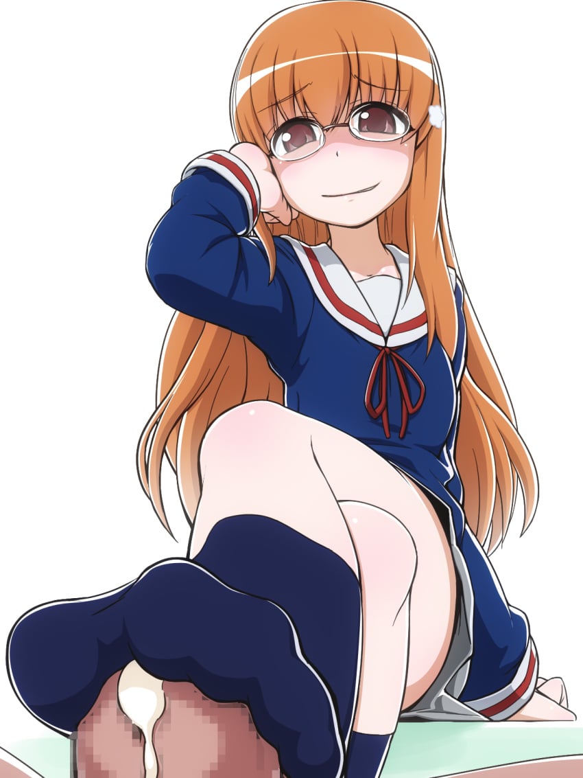 blush brown_hair censored cum cum_on_lower_body feet female footjob glasses hair_ornament hairclip highres long_hair mikakunin_de_shinkoukei no_shoes penis school_uniform sitting smile socks solo_focus takeda_yukimura toes yonomori_benio