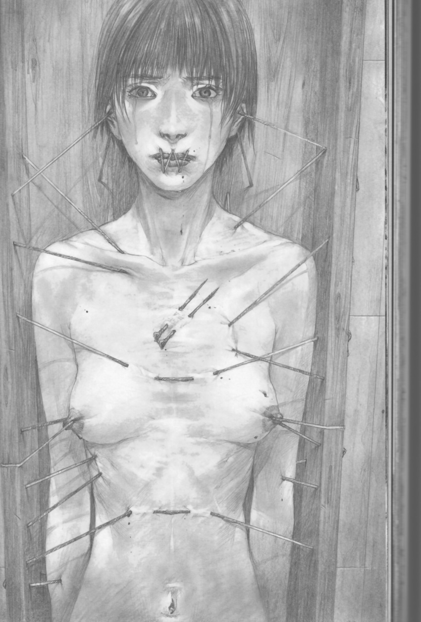 1girls blood breasts female female_focus girl_in_a_box guro highres hiroaki_samura monochrome navel nipples nude pencil realistic scan short_hair solo solo_female tears torture