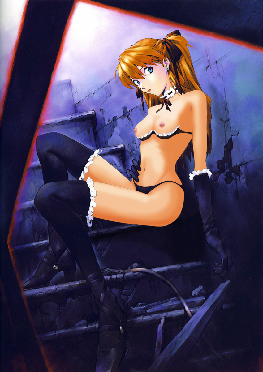 accurate_art_style asuka_langley_sohryu bra breasts cupless_bra female gothic high_resolution lingerie neon_genesis_evangelion open_cup_bra orange_hair panties photoshop sadamoto_yoshiyuki small_breasts stockings straight_hair underwear