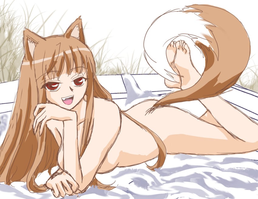 1girls barefoot breasts brown_hair completely_nude completely_nude_female feet female highres holo long_hair medium_breasts nude nude_female nudist outdoors outside red_eyes soles spice_and_wolf tail toes wolf_ears wolf_tail zenra
