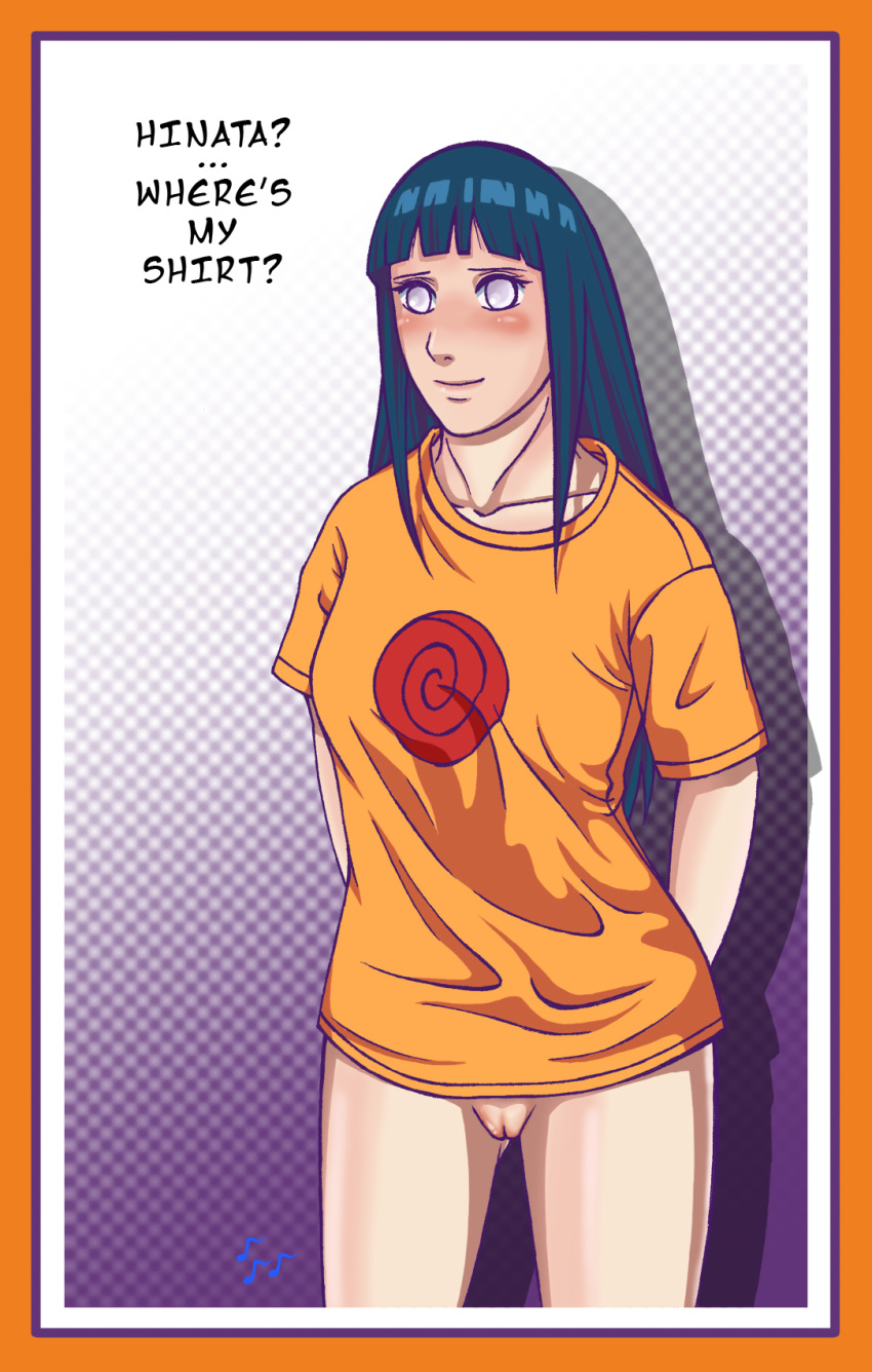 blush bottomless color dialogue english_text female female_only food fruit highres human hyuuga_hinata jakenova naruto pussy solo standing straight_hair t-shirt uncensored vagina white_eyes