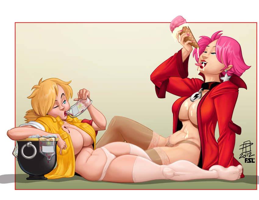 2012 callmepo color colored crossover eating_ice_cream female female_only food harry_potter hellsing hellsing_ultimate holding_ice_cream ice_cream large_breasts nymphadora_tonks open_mouth open_shirt panties seras_victoria thighhighs tongue tongue_out