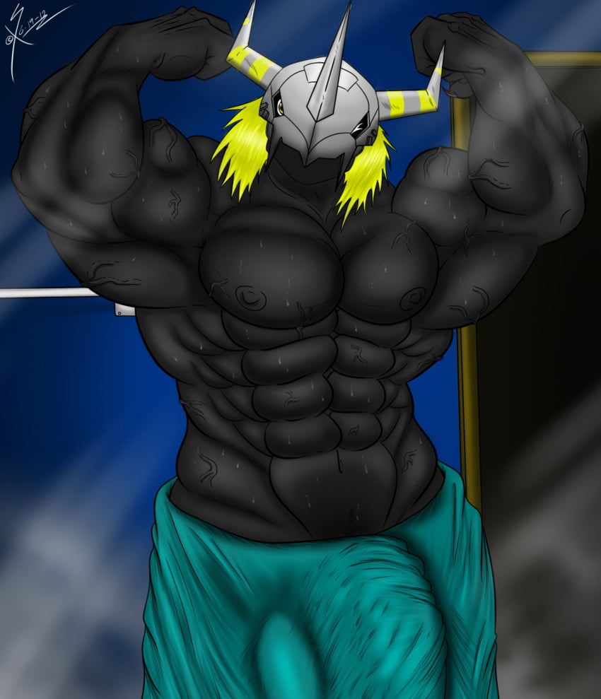 blackwargreymon digimon digimon_(species) huge_cock male male_only muscular posing saixyuniz-xynz solo steam towel