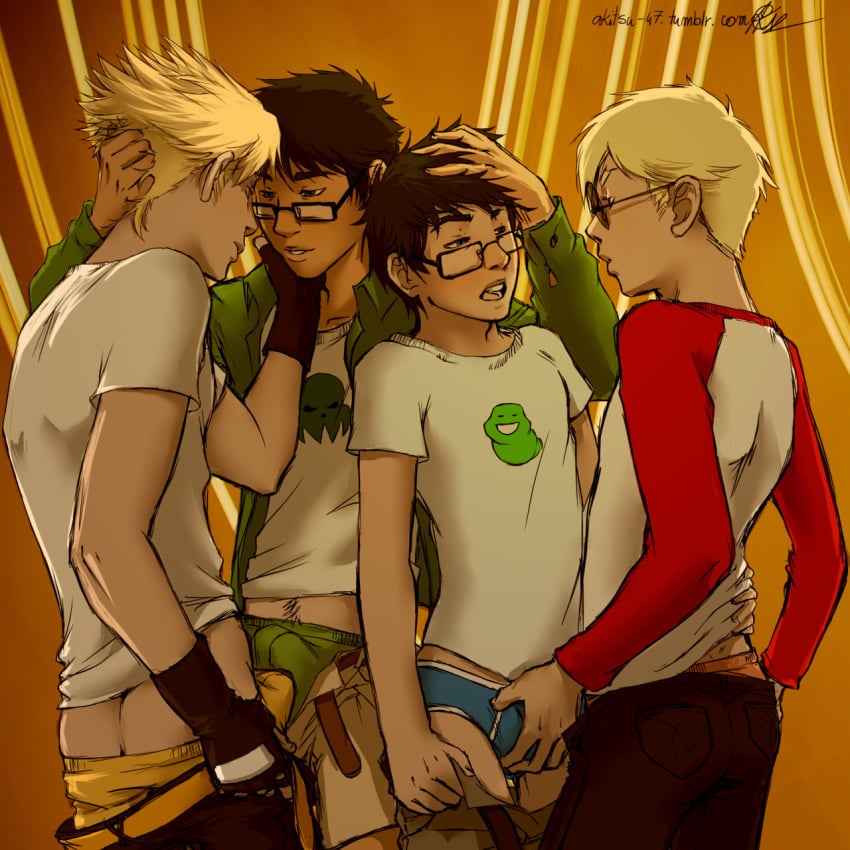 4boys akitsu-47 blonde_hair blue_eyes brown_hair bulge_frottage bulge_grab dave_strider dirk_strider erection_under_clothes fingerless_gloves gay glasses green_eyes groping_balls hand_on_cheek hand_on_head holding_hair homestuck imminent_kiss jake_english john_egbert male mouth_open ms_paint_adventures multiple_males pants_down pants_open parted_lips red_eyes undressing yaoi