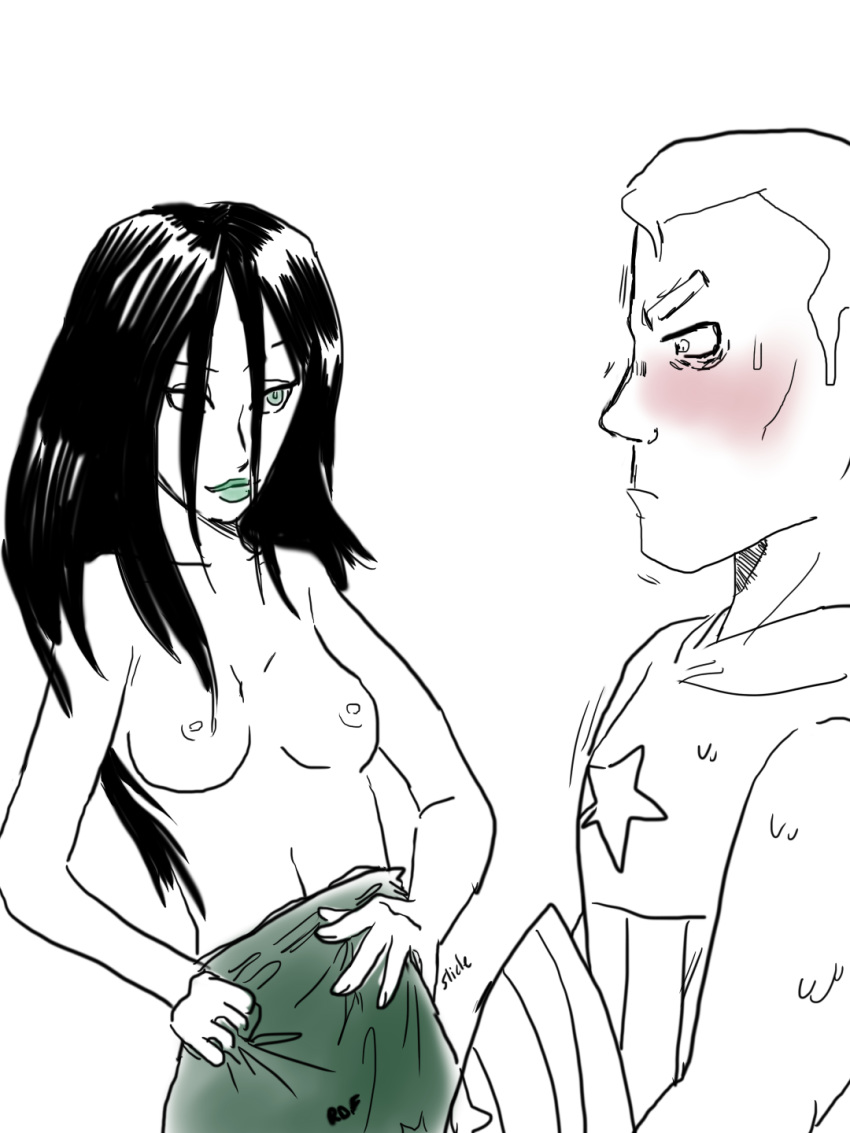 1boy 1girls areola blush breasts captain_america captain_america_(series) female madame_hydra marvel marvel_comics monochrome nipples shield steve_rogers tagme topless viper_(marvel)