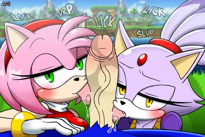 absurd_res accessory amy_rose anthro big_penis blaze_the_cat blush bodily_fluids domestic_cat double_fellatio eulipotyphlan felid feline felis fellatio female genitals green_eyes green_hill_zone group hair hair_accessory hand_on_leg hand_on_thigh hedgehog hero hi_res huge_cock licking lidded_eyes looking_at_viewer male male/female mammal oral outside_sex penile penis ponytail pov_blowjob princess royalty saliva sega seminalspatz sex sonic_(series) sonic_the_hedgehog sonic_the_hedgehog_(series) text tongue trio yellow_eyes