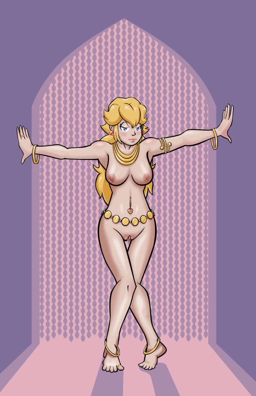 blonde_hair breasts bugaboo color female female_only front_view hair harem_outfit human long_hair mario_(series) nintendo nipples nude piercing princess_peach solo standing tagme vulva