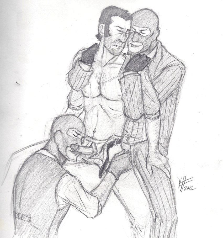 3boys balaclava closed_eyes fellatio gay gloves kneeling male male/male/male male_focus male_only monochrome mouseface oral_sex pants_open partially_clothed sniper sniper_(team_fortress_2) spy spy_(team_fortress_2) suit tagme team_fortress_2