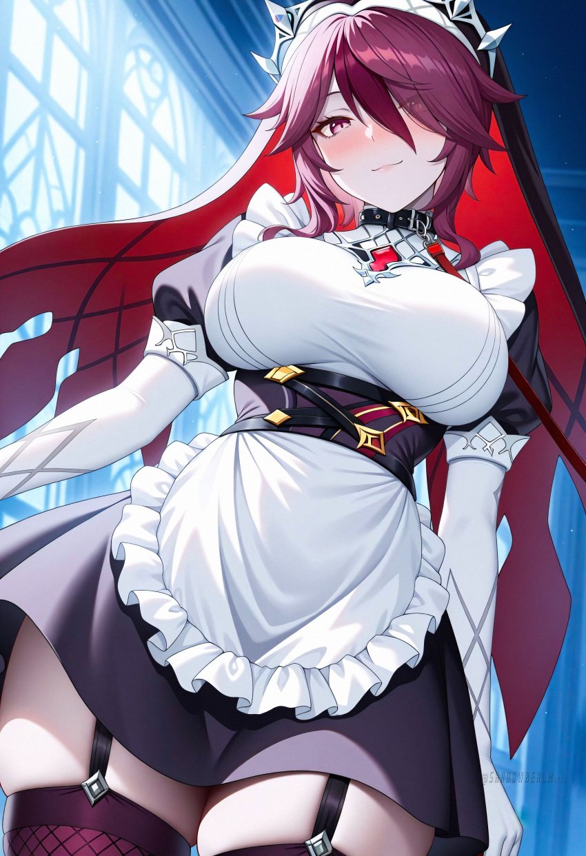 ai_generated alternate_costume apron black_dress blush breasts closed_mouth dress elbow_gloves female fishnets garter_straps genshin_impact gloves habit hair_over_one_eye large_breasts leash looking_at_viewer maid maid_apron multicolored_hair nun puffy_sleeves purple_eyes purple_hair red_hair rosaria_(genshin_impact) shadowrealmarts short_hair short_sleeves skindentation smile solo streaked_hair thighhighs thighs two-tone_dress uncensored white_apron white_gloves