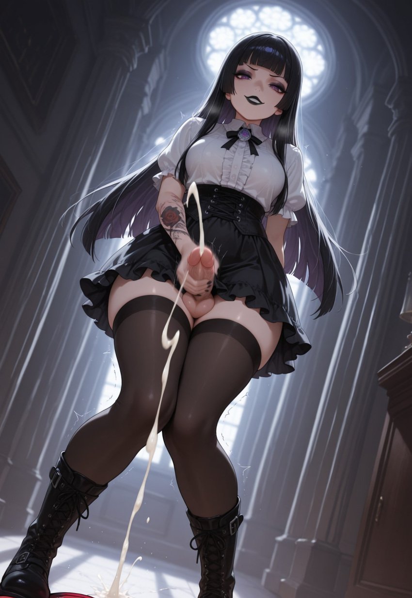 1futa ai_generated balls big_penis black_hair black_lipstick blunt_bangs boots cum cumdrip cumming_on_viewer cumshot dress ejaculation erection frills from_below futa_only futanari goth goth_futa goth_girl_(jamesbron) intersex jamesbron knees_together_feet_apart large_penis legwear lipstick long_hair looking_at_viewer medium_breasts no_panties penis penis_focus purple_eyes smug solo solo_futa standing stockings taker_pov tattoo thick_thighs thighhighs thighs wide_hips