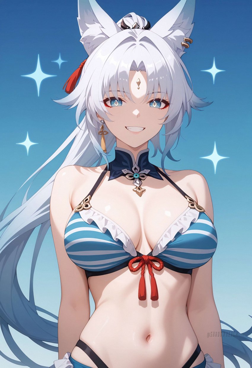 ai_generated animal_ear_fluff animal_ears bare_shoulders bikini blue_background blue_bikini blue_eyes breasts cleavage earrings facial_mark feixiao_(honkai:_star_rail) female fox_ears frilled_bikini frills gradient_background grin jewelry large_breasts long_hair looking_at_viewer navel parted_bangs ponytail shadowrealmarts smile solo sparkle stomach striped_bikini striped_clothes swimsuit tassel_earrings teeth uncensored upper_body very_long_hair white_hair