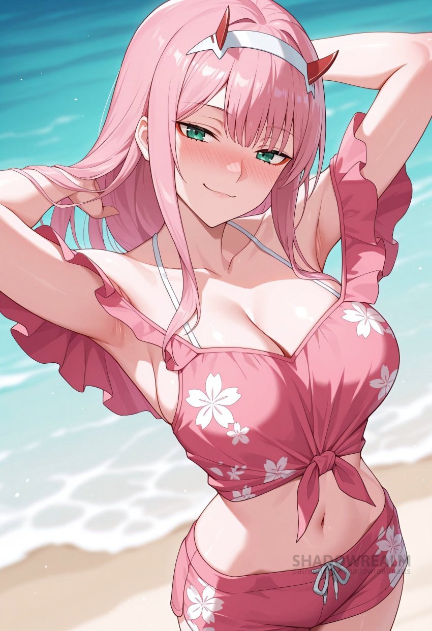 ai_generated armpits arms_behind_head arms_up bare_shoulders beach bikini blush breasts cleavage closed_mouth collarbone cowboy_shot crop_top darling_in_the_franxx female floral_print frills green_eyes hairband halterneck hands_in_hair horns large_breasts long_hair looking_at_viewer midriff navel ocean off_shoulder outdoors pink_hair pink_shirt pink_shorts red_horns shadowrealmarts shirt short_shorts shorts smile solo stomach swimsuit tied_shirt uncensored water white_hairband zero_two_(darling_in_the_franxx)