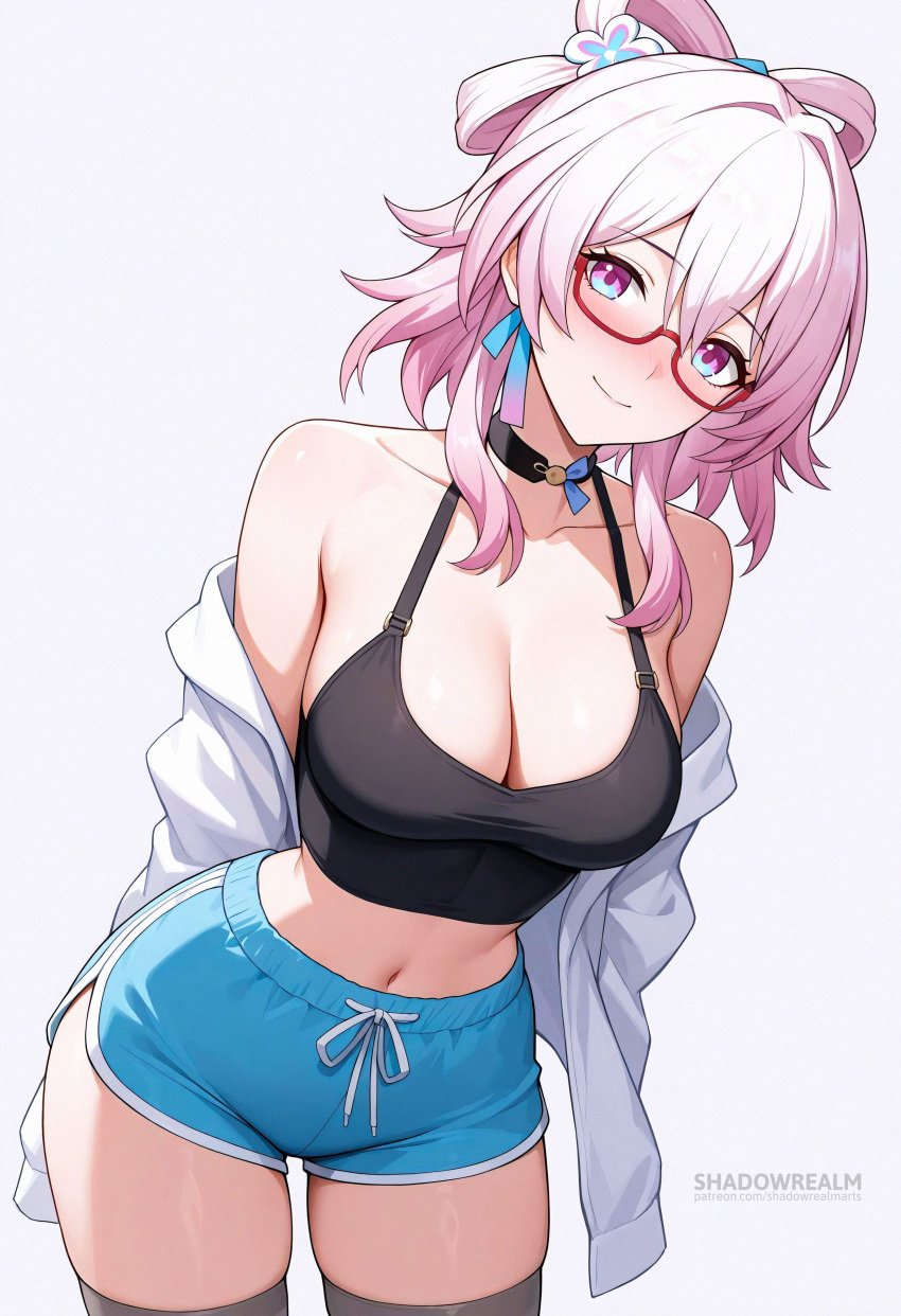 ai_generated alternate_costume armpit_crease artist_name bare_shoulders black_choker black_thighhighs blue_eyes blue_shorts blush breasts camisole choker cleavage closed_mouth collarbone cowboy_shot crop_top dolphin_shorts earrings female glasses hair_between_eyes honkai:_star_rail jacket jewelry large_breasts leaning_forward long_sleeves looking_at_viewer march_7th_(honkai:_star_rail) medium_hair midriff navel off_shoulder open_clothes pink_eyes pink_hair purple_eyes red-framed_eyewear ribbon shadowrealmarts shirt short_shorts shorts simple_background sleeveless_shirt smile solo spaghetti_strap stomach thighhighs thighs two-tone_eyes uncensored white_background white_jacket white_shirt