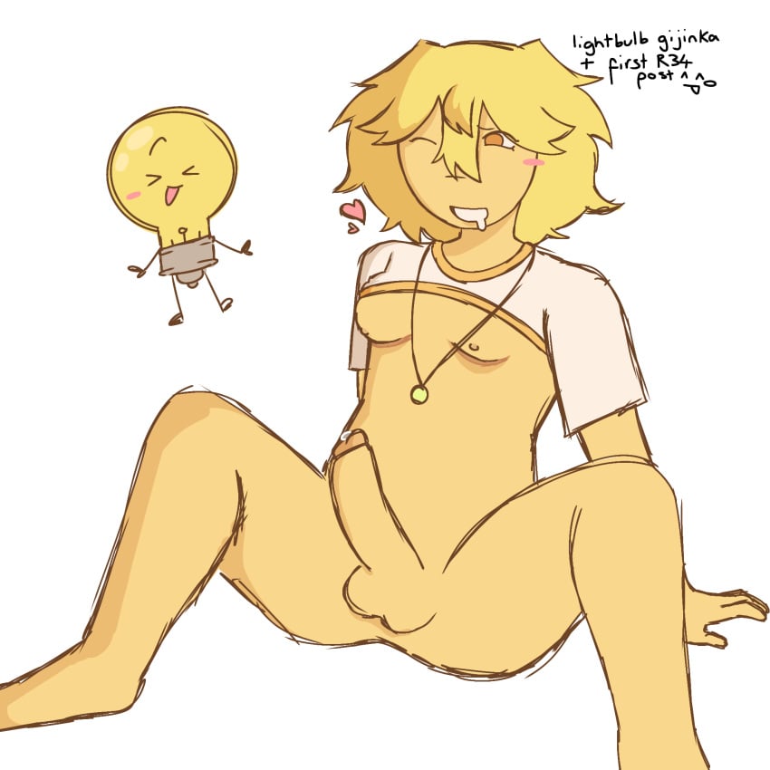 blonde_hair boobs_out bottomless cock cum female futanari ii inanimate_insanity intersex lightbulb_(ii) nipples object_shows penis scars shirt shirt_lift short_sleeves t-shirt transgender transgirl