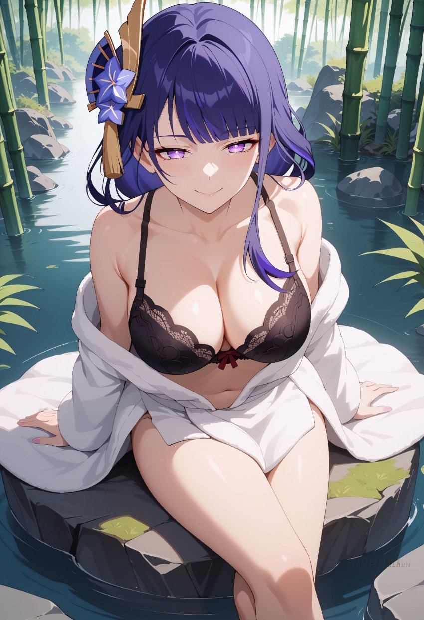 ai_generated alternate_costume arm_support bamboo bamboo_forest bare_shoulders black_bra blush bow_bra bra breasts cleavage closed_mouth collarbone crossed_legs female flower forest hair_flower hair_ornament japanese_clothes kimono lace-trimmed_bra lace_trim large_breasts long_hair long_sleeves looking_at_viewer mole mole_under_eye nature navel off_shoulder open_clothes outdoors purple_eyes purple_hair raiden_shogun ripples rock shadowrealmarts sitting smile soaking_feet solo stomach thighs uncensored underwear water white_kimono