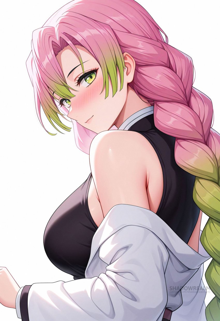 ai_generated bare_shoulders blush braid breasts closed_mouth demon_slayer demon_slayer_uniform female gradient_hair green_eyes green_hair jacket japanese_clothes kanroji_mitsuri large_breasts long_hair long_sleeves looking_at_viewer mole mole_under_eye multicolored_hair off_shoulder pink_hair shadowrealmarts shirt simple_background sleeveless solo tri_braids twin_braids uncensored upper_body white_background