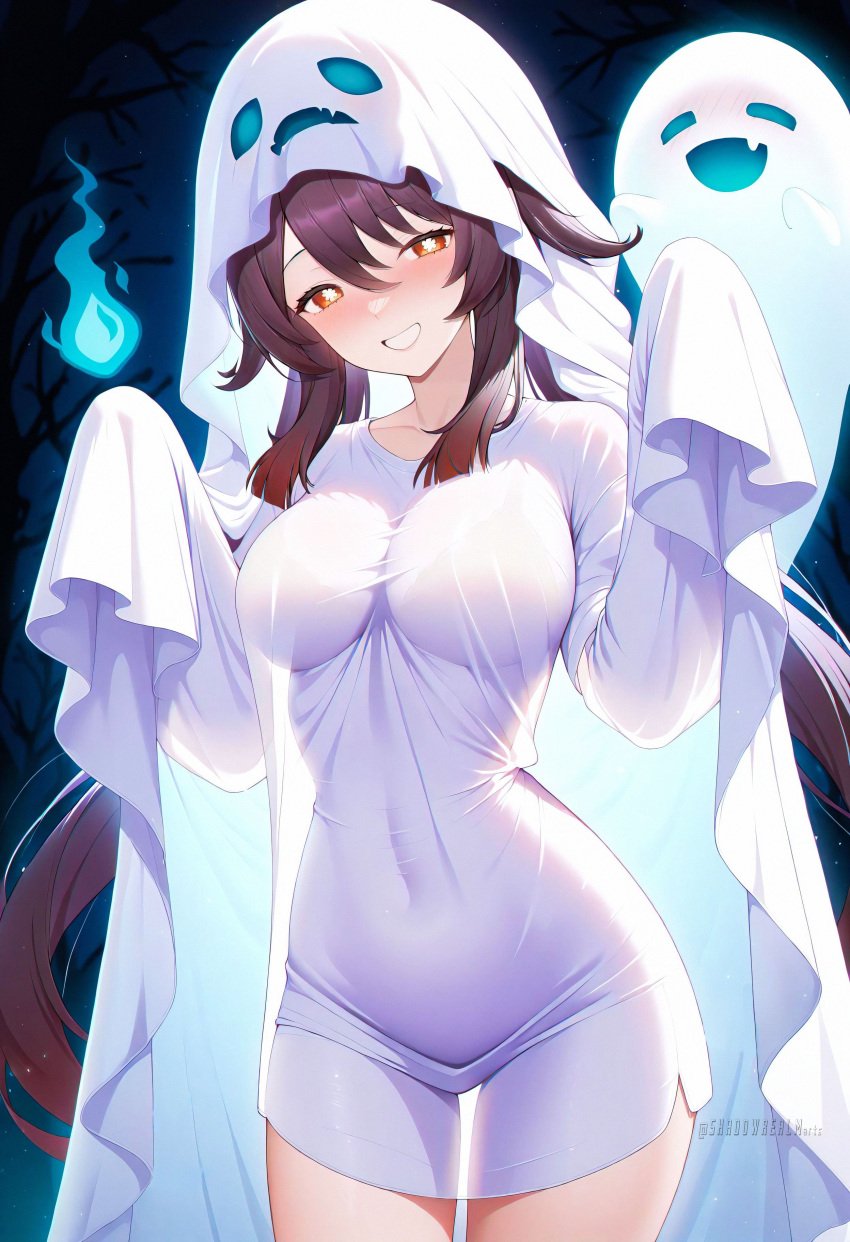 ai_generated alternate_costume blush bra breasts brown_hair covered_navel cowboy_shot dress female genshin_impact ghost ghost_costume ghost_pose grin halloween hu_tao_(genshin_impact) large_breasts long_hair long_sleeves looking_at_viewer night red_eyes see-through see-through_silhouette shadowrealmarts sleeves_past_wrists smile solo symbol-shaped_pupils thighs twintails uncensored very_long_hair white_dress