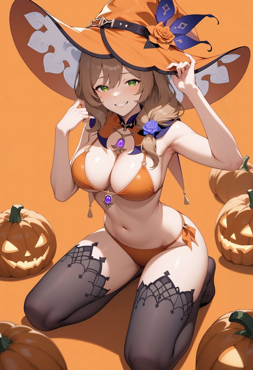 ai_generated armpits bare_arms bare_shoulders bikini black_thighhighs blush breasts brown_hair cleavage female flower green_eyes grin hair_flower hair_ornament halloween halloween_costume hat hat_belt hat_flower jack-o'-lantern jewelry kneeling large_breasts lisa_(genshin_impact) long_hair looking_at_viewer navel no_shoes orange_background orange_bikini pumpkin rose shadowrealmarts side-tie_bikini_bottom simple_background smile solo stomach string_bikini swimsuit thighhighs thighs uncensored witch_hat