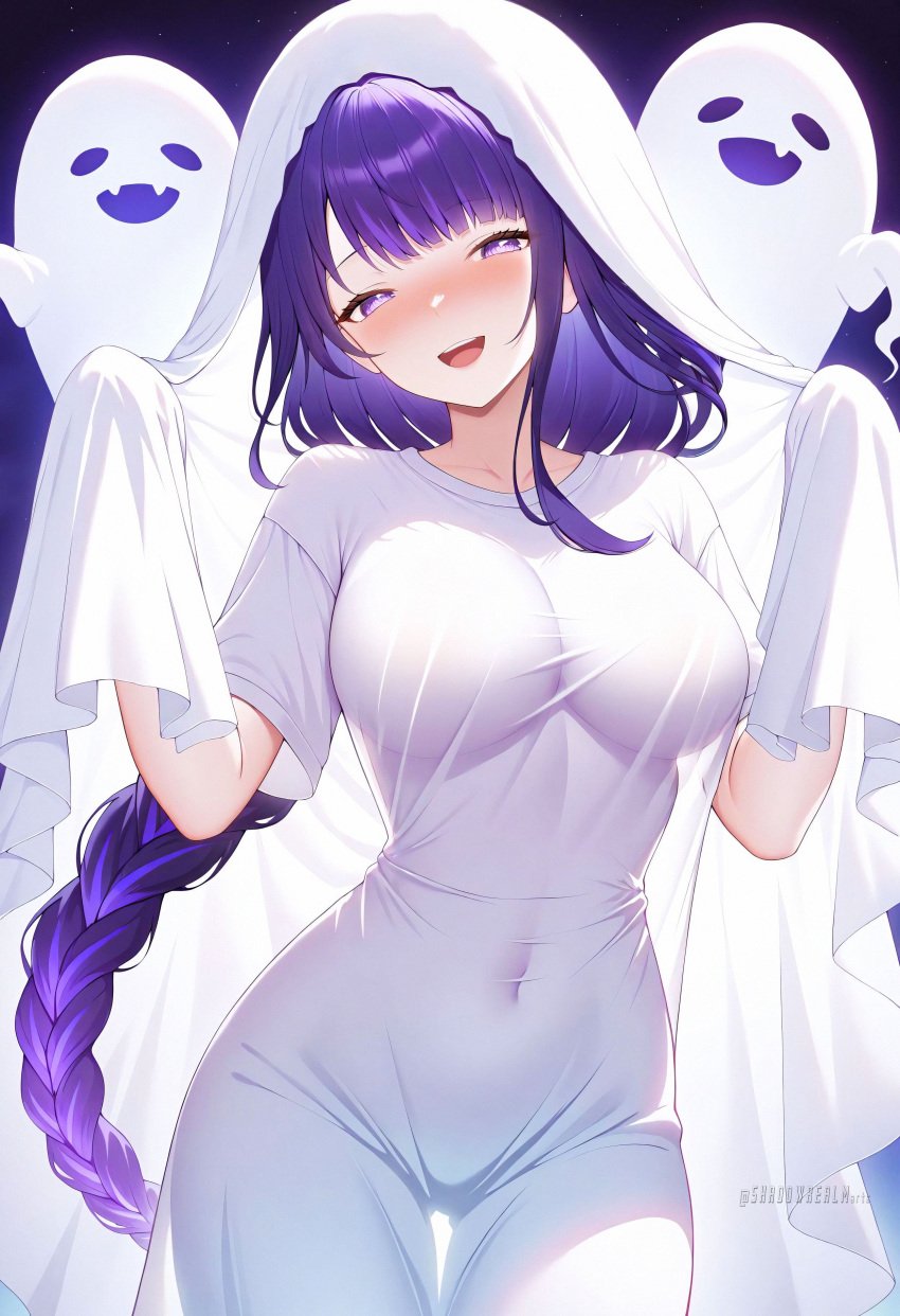 :d ai_generated alternate_costume artist_name blush braid braided_ponytail breasts collarbone covered_navel cowboy_shot dress female ghost ghost_costume ghost_pose halloween halloween_costume large_breasts long_hair looking_at_viewer mole mole_under_eye open_mouth purple_eyes purple_hair raiden_shogun see-through see-through_silhouette shadowrealmarts short_sleeves smile solo teeth thigh_gap uncensored upper_teeth_only very_long_hair white_dress