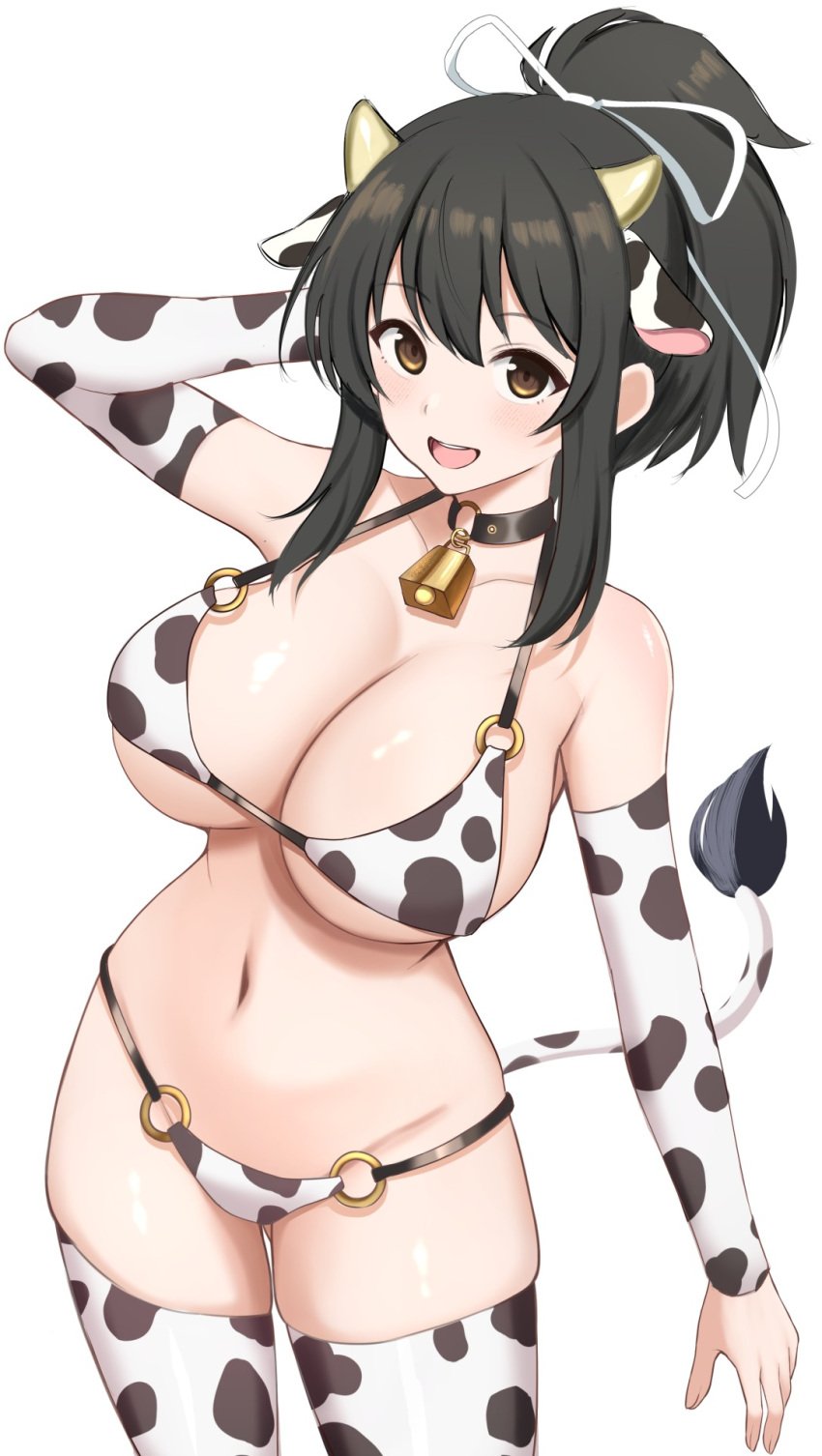 arm_length_gloves asuka_(senran_kagura) bikini blank_background blush brown_eyes brown_hair cow_bell cow_ears cow_horns cow_print cow_print_bikini hair_ribbon looking_at_viewer senran_kagura skindentation surippa1010 tail tights