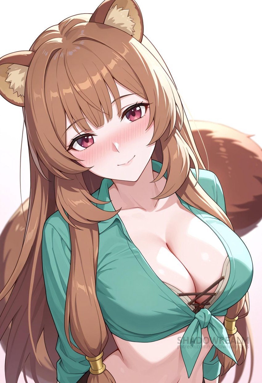 ai_generated animal_ear_fluff animal_ears blush breasts brown_hair cleavage closed_mouth collarbone female front-tie_top green_shirt large_breasts long_hair long_sleeves looking_at_viewer midriff navel raccoon_ears raccoon_girl raccoon_tail raphtalia red_eyes shadowrealmarts shirt simple_background smile solo tail tied_shirt uncensored upper_body white_background