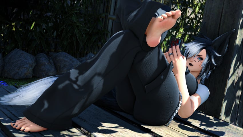 1girls aylen_dawn aylen_ffxiv black_hair black_toenails blue_eyes canid canine crop_top emo feet feet female female_focus female_only final_fantasy final_fantasy_xiv foot_fetish foot_focus fox_ears fox_girl glasses goth gothic gpose(ffxiv) jeans kemonomimi miqo&#039;te piercing solo_female solo_focus sweat sweat_feet sweater sweaty tattoo toennail_polish toes tomboy underboob underwear