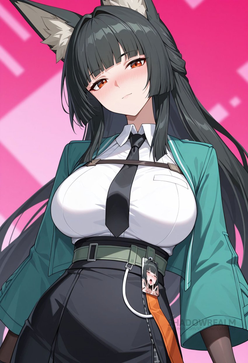 ai_generated animal_ear_fluff animal_ears belt black_hair black_necktie black_skirt blunt_bangs blush breasts closed_mouth collared_shirt female fox_ears green_jacket high-waist_skirt hoshimi_miyabi jacket large_breasts long_hair long_sleeves looking_at_viewer necktie open_clothes open_jacket pink_background red_eyes shadowrealmarts shirt shirt_tucked_in skirt solo uncensored white_shirt zenless_zone_zero