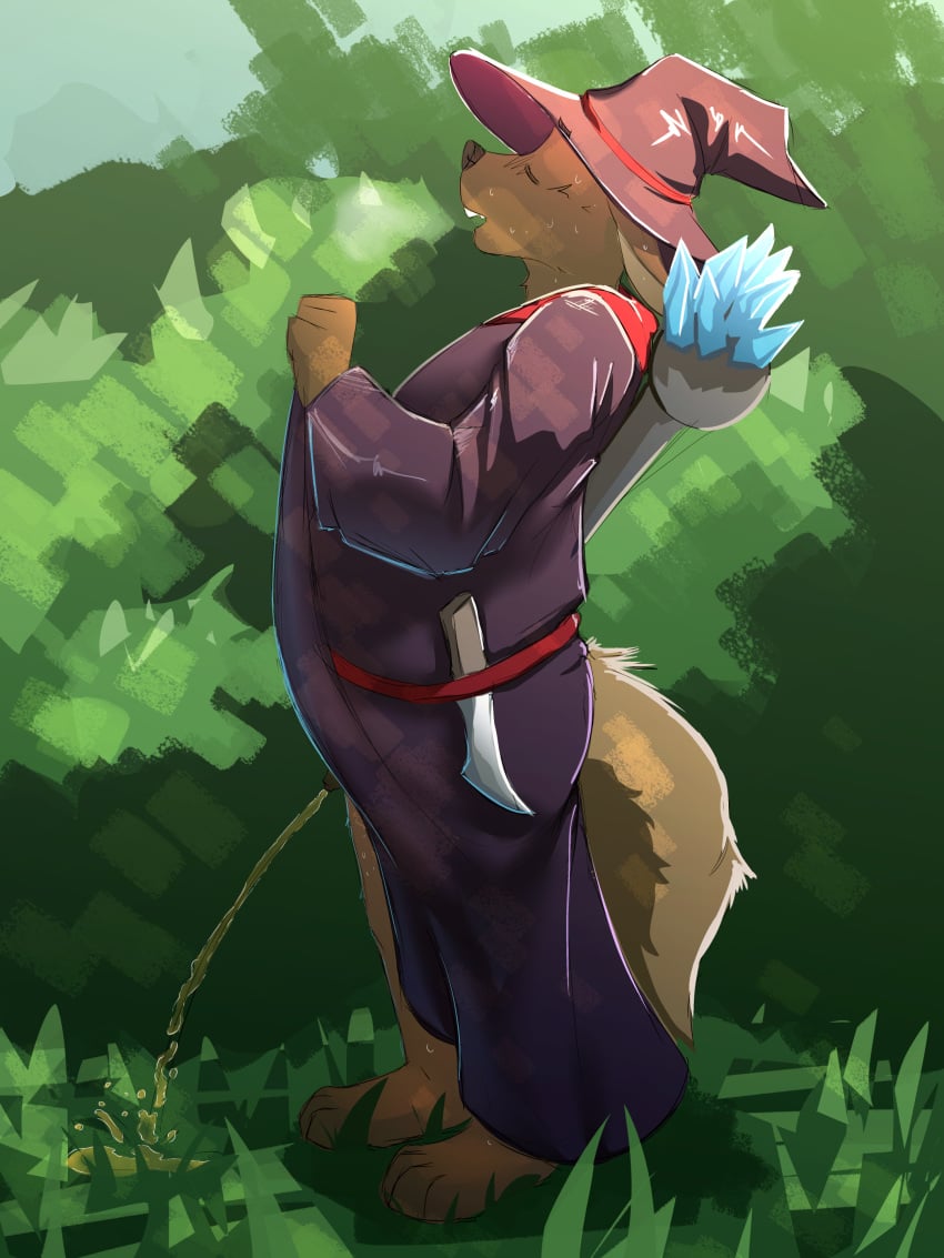 2022 4_toes absurd_res anthro artist_collaboration bodily_fluids bottomless brown_body brown_fur canid canine clothed clothing dagger dakkawoof danny_(funnybox) feet flaccid foreskin fox fur genital_fluids genitals hat headgear headwear hi_res hybrid lagomorph leporid magic_user male mammal melee_weapon naughtybox peeing penis rabbit relieved solo staff sweat toes uncircumcised urine urine_stream watersports weapon wizard_hat wizard_robe