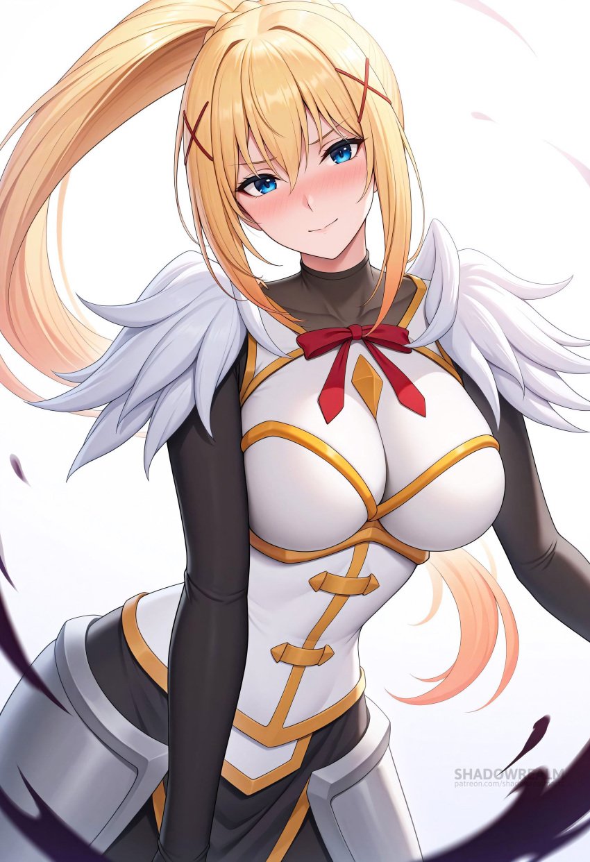 ai_generated armor black_bodysuit blonde_hair blue_eyes blush bodysuit breasts closed_mouth darkness_(konosuba) female hair_between_eyes hair_ornament konosuba large_breasts long_hair looking_at_viewer ponytail red_ribbon ribbon shadowrealmarts shoulder_armor sidelocks simple_background solo uncensored white_background x_hair_ornament