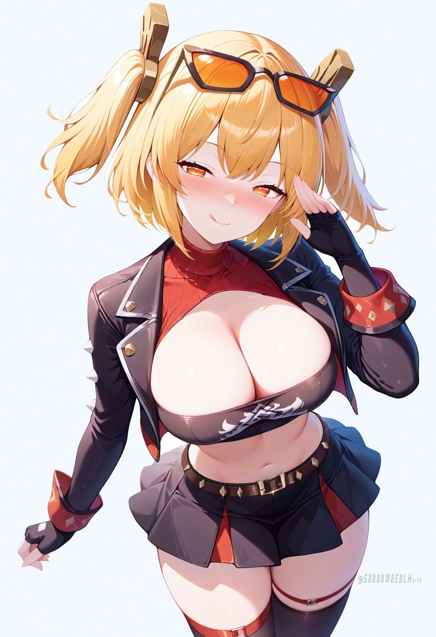 :q ai_generated belt black_gloves black_jacket black_skirt black_thighhighs blonde_hair blush breasts burnice_white cleavage cleavage_cutout closed_mouth clothing_cutout cowboy_shot crop_top cropped_jacket eyewear_on_head female fingerless_gloves gloves hair_ornament hand_up jacket large_breasts long_sleeves looking_at_viewer midriff miniskirt navel open_clothes open_jacket orange_eyes pleated_skirt red_eyes shadowrealmarts short_hair simple_background skindentation skirt smile solo stomach sunglasses thigh_strap thighhighs thighs tongue tongue_out turtleneck twintails two_side_up uncensored white_background zenless_zone_zero zettai_ryouiki