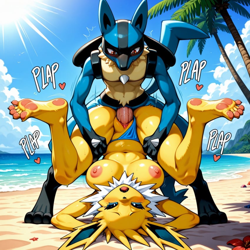 1boy 1girls 5_toes ai_generated anthro beach big_penis bikini_aside bikini_bottom_aside bodily_fluids breasts eeveelution feet_up female flower grabbing_legs grabbing_thighs hand_behind_head heat jolteon large_breasts looking_pleasured lucario male male/female moaning motion_lines navel nipples nude palm_tree penis piledriver_position plant pokemon pokemon_(species) pussy seaside serbm sex sound_effects spread_legs topless vaginal_penetration