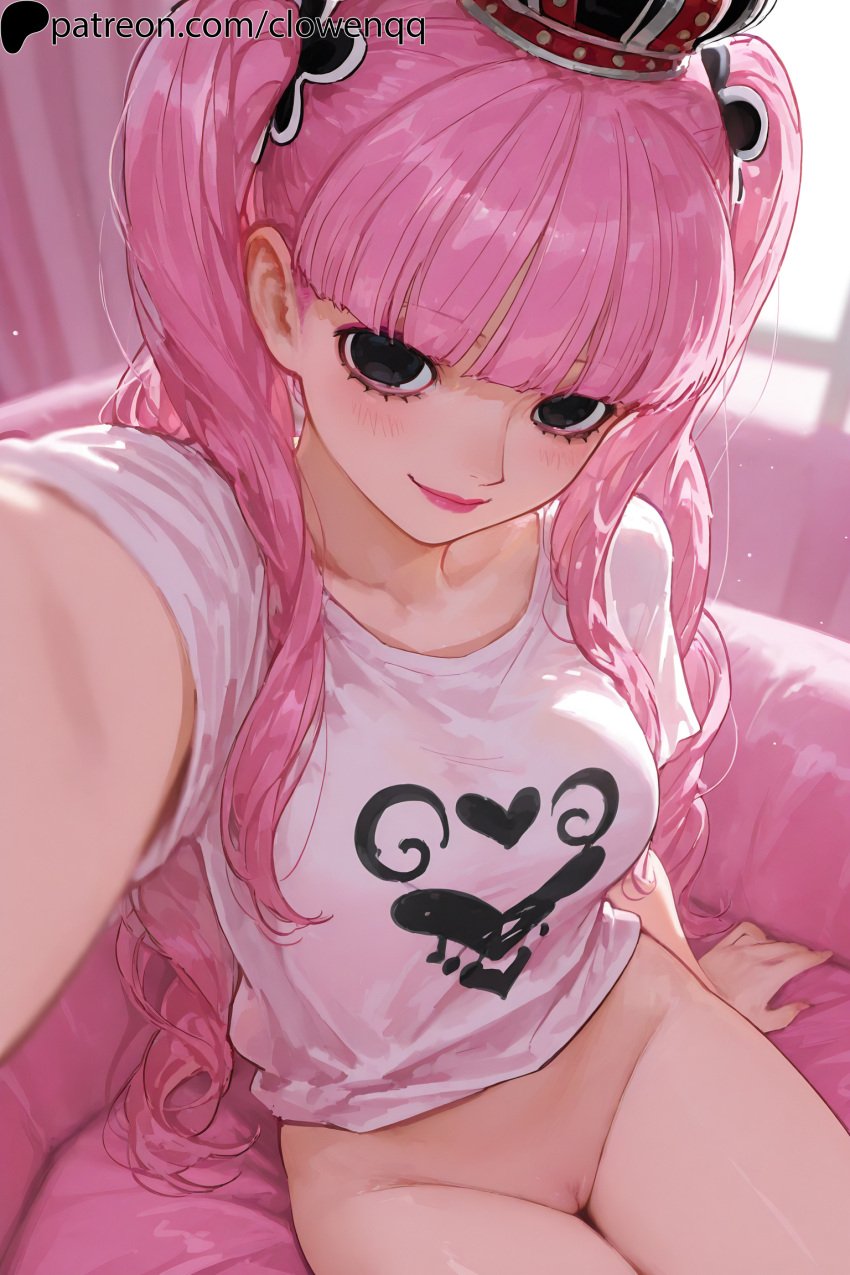 1girls ai_generated black_eyes blunt_bangs blush bottomless closed_mouth clothing clowenqq female female_focus female_only from_above half_naked indoors long_hair looking_at_viewer looking_up no_panties one_piece perona pink_hair pussy selfie shirt shirt_only sitting smile solo solo_female solo_focus thighs twintails uncensored