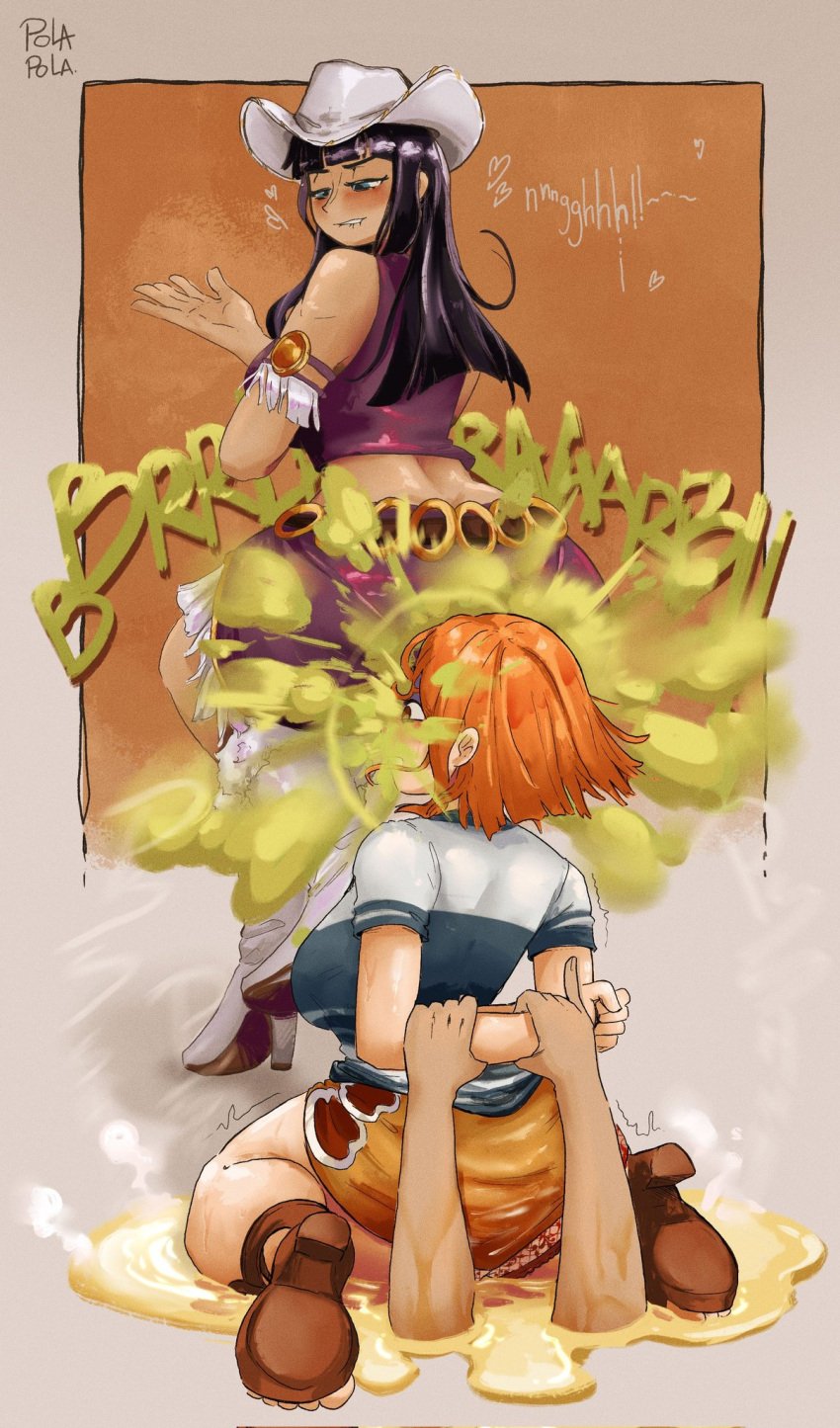 2females 2girls akuma_no_mi black_hair black_hair_female blush bondage cat_burglar_nami clothing devil_fruit fart fart_cloud fart_eating fart_everywhere fart_fetish fart_focus farting farting_in_face farting_on_another farting_on_face farts feeding_farts female female_only flower_flower_fruit forced_kneeling ginger ginger_female ginger_hair hana_hana_no_mi light-skinned_female light_skin miss_all_sunday nami_(one_piece) nico_robin omorashi one_piece peeing peeing_on_floor peeing_self piss_play piss_soaked_clothes pissing_on_floor pissing_self polapolabianda shonen_jump urinating_female urine urine_pool wetting wetting_self