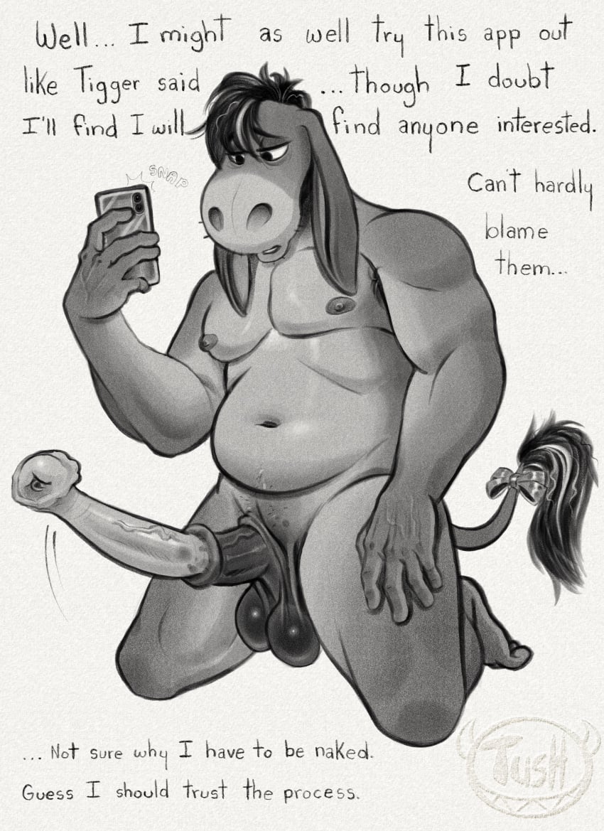 5_fingers absurd_res animal_genitalia animal_penis anthro asinus balls biped disney donkey eeyore english_text equid equine equine_genitalia equine_penis erection fingers flared_penis genitals hi_res male mammal medial_ring navel overweight overweight_anthro overweight_male penis solo tail tail_tuft text tuft tush_(artist) vein veiny_penis winnie_the_pooh_(franchise)