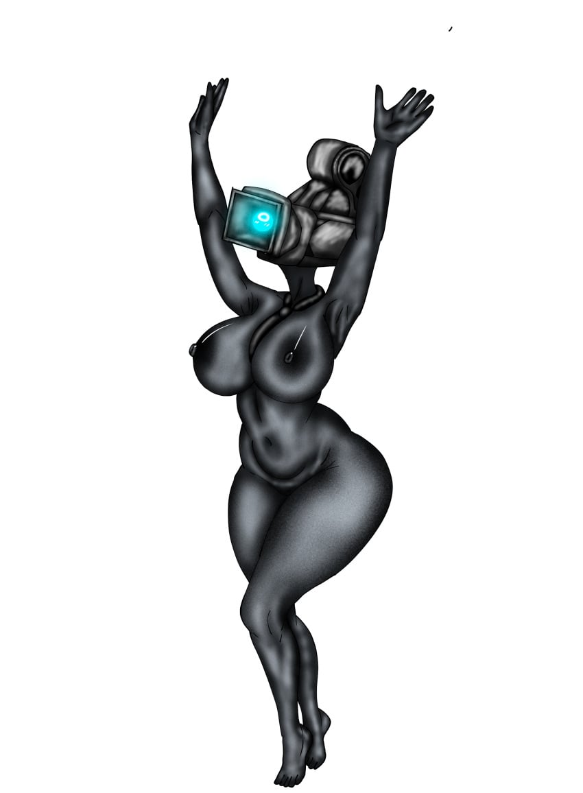 1girls answer asking_for_anal asking_for_it big_breasts danionebyall53_(artist) female fully_nude genderswap hands_up huge_breasts large_cameraman_(skibidi_toilet) rule_63 skibidi_toilet taller_female taller_girl thick_thighs