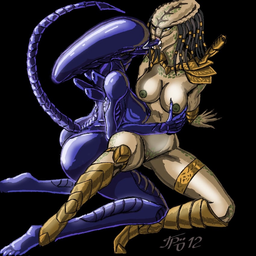 2girls alien alien_(franchise) alien_girl alien_only alien_vs_predator ass breasts extreme_french_kiss female female_focus female_only female_xenomorph female_yautja french_kiss grriva interspecies kissing multiple_girls open_mouth predator predator_(franchise) spread_legs wide_hips xenomorph yautja