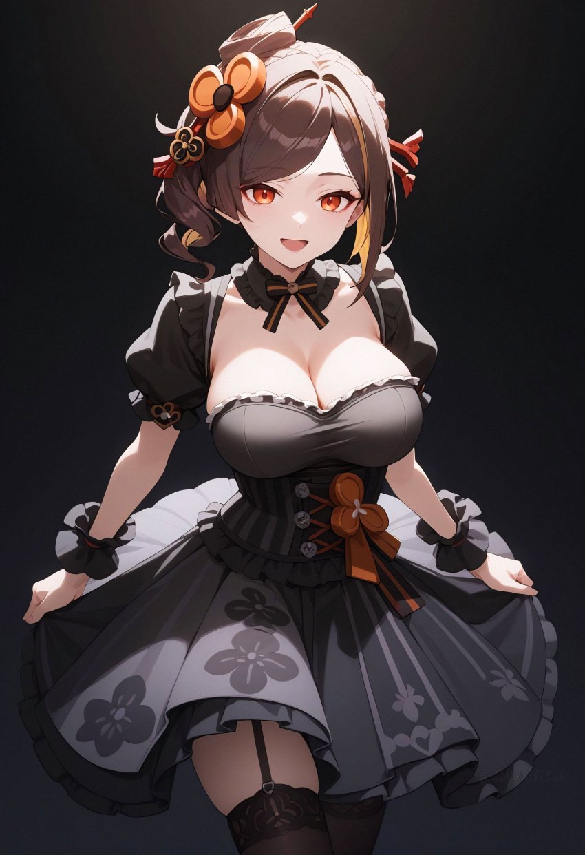 :d ai_generated black_background black_dress black_thighhighs breasts brown_hair chiori_(genshin_impact) cleavage cowboy_shot dress female frills garter_straps hair_ornament large_breasts looking_at_viewer multicolored_hair open_mouth orange_eyes puffy_short_sleeves puffy_sleeves shadowrealmarts short_sleeves skirt_hold smile solo thighhighs uncensored wrist_cuffs