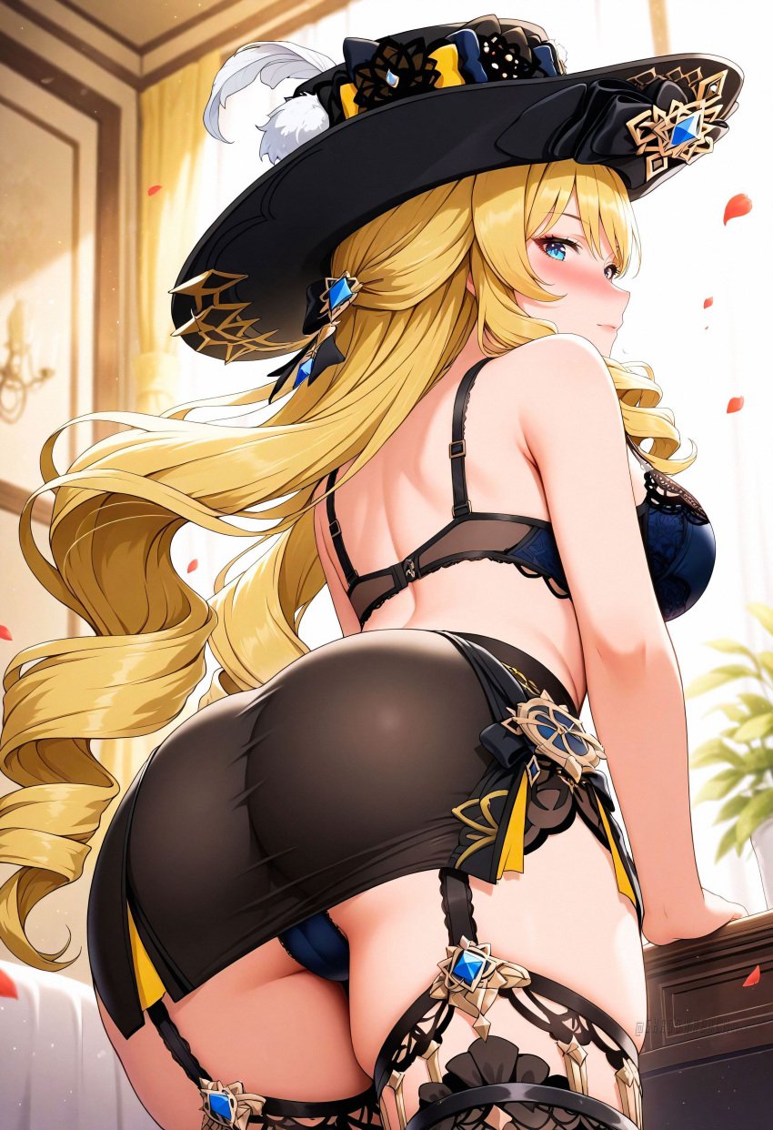 ai_generated ass ass_focus back bare_arms bare_shoulders black_bra black_headwear black_skirt black_thighhighs blonde_hair blue_bra blue_eyes blue_panties blush bra breasts cameltoe closed_mouth drill_hair drill_sidelocks female from_behind garter_straps genshin_impact hat hat_feather huge_ass indoors lace_trim large_breasts long_hair looking_at_viewer looking_back miniskirt navia_(genshin_impact) panties pencil_skirt petals shadowrealmarts sidelocks skirt solo thighhighs thighs uncensored underwear very_long_hair