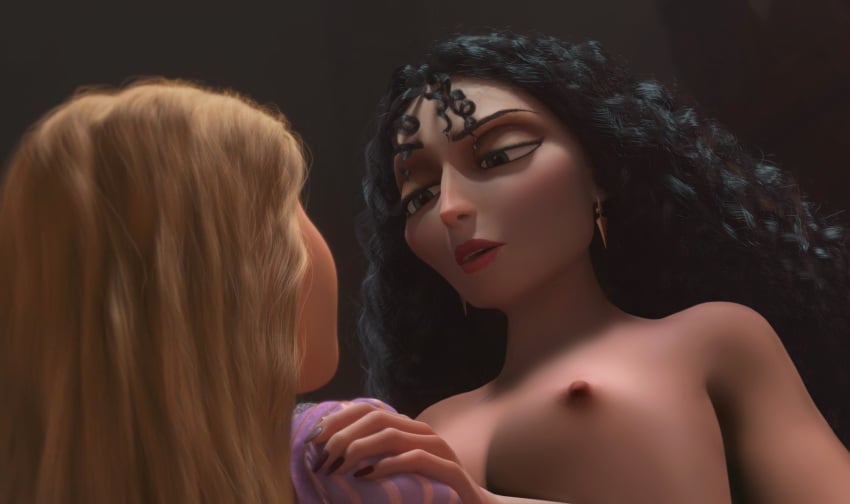 2girls 3d age_difference areola black_hair blonde_hair breasts curvy disney disney_princess disney_villains edit erect_nipples female female_only female_with_female large_breasts looking_up milf mother_gothel multiple_girls nipples nude rapunzel rastifan tangled yuri