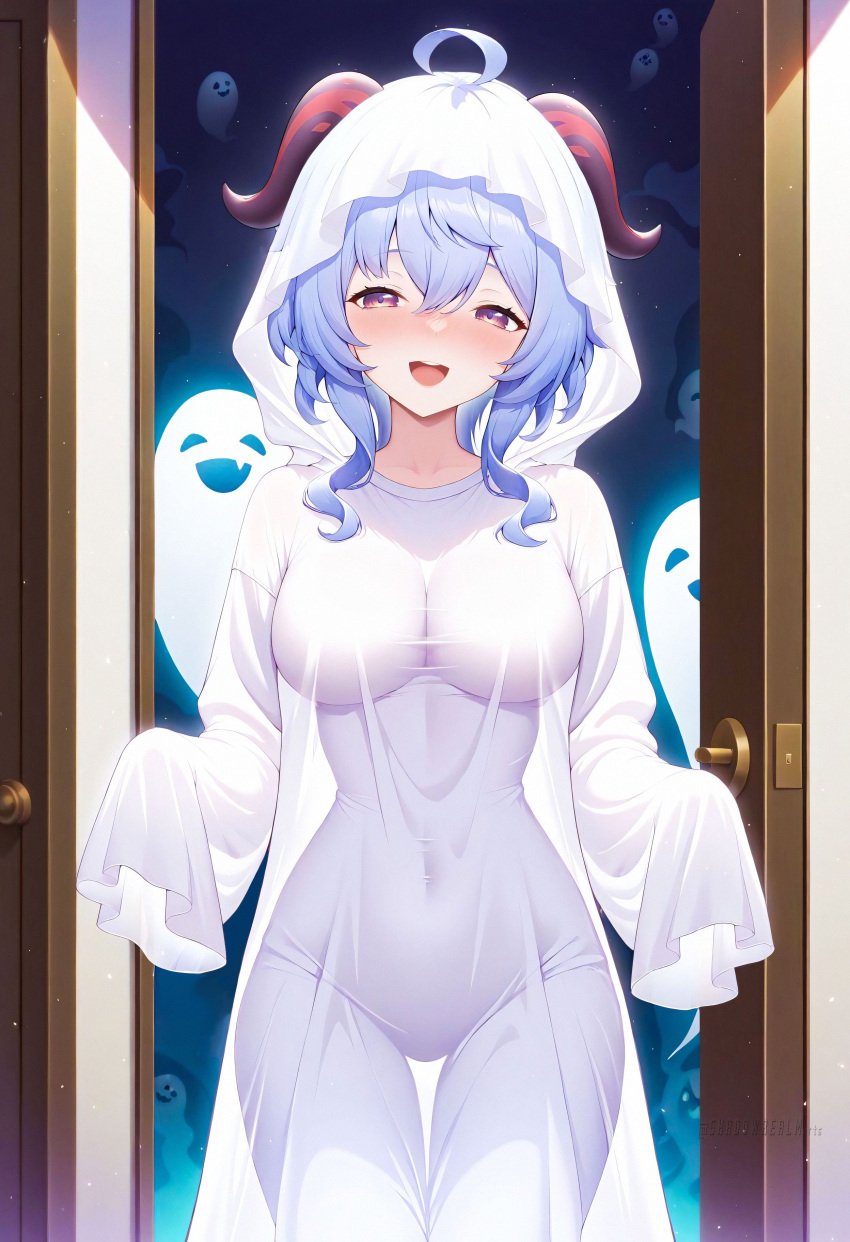 :d ahoge ai_generated alternate_costume blue_hair blush breasts covered_navel doorway dress female ganyu_(genshin_impact) genshin_impact ghost ghost_costume ghost_pose halloween halloween_costume hood hood_up horns large_breasts long_hair long_sleeves looking_at_viewer open_mouth purple_eyes see-through shadowrealmarts sidelocks sleeves_past_fingers sleeves_past_wrists smile solo standing thigh_gap uncensored