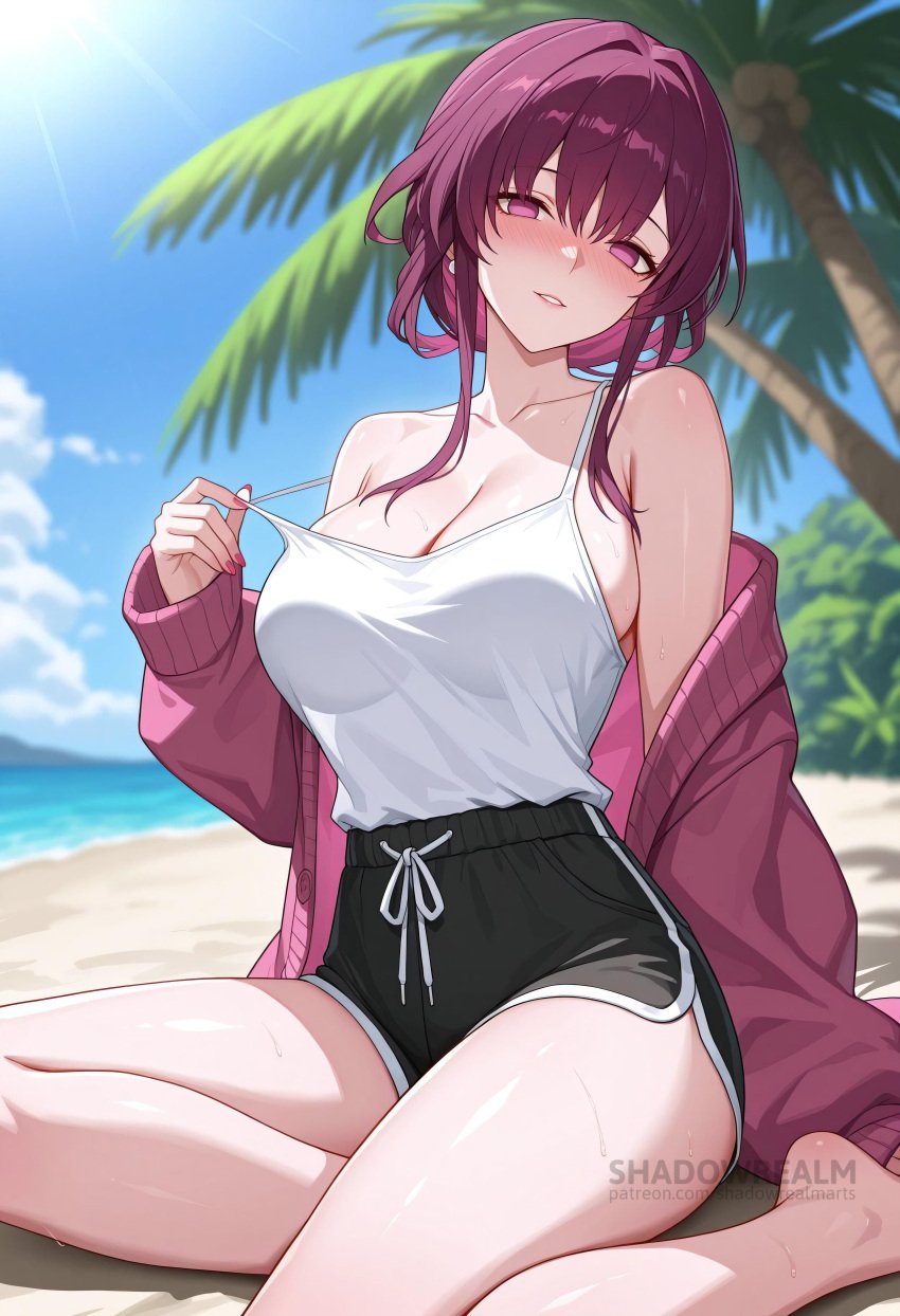 ai_generated alternate_costume bare_shoulders barefoot beach black_shorts blue_sky blush breasts camisole cleavage cloud day dolphin_shorts female honkai:_star_rail jacket kafka_(honkai:_star_rail) large_breasts long_hair long_sleeves looking_at_viewer off_shoulder outdoors palm_tree parted_lips purple_eyes purple_hair shadowrealmarts short_shorts shorts sitting sky smile solo thighs tree uncensored