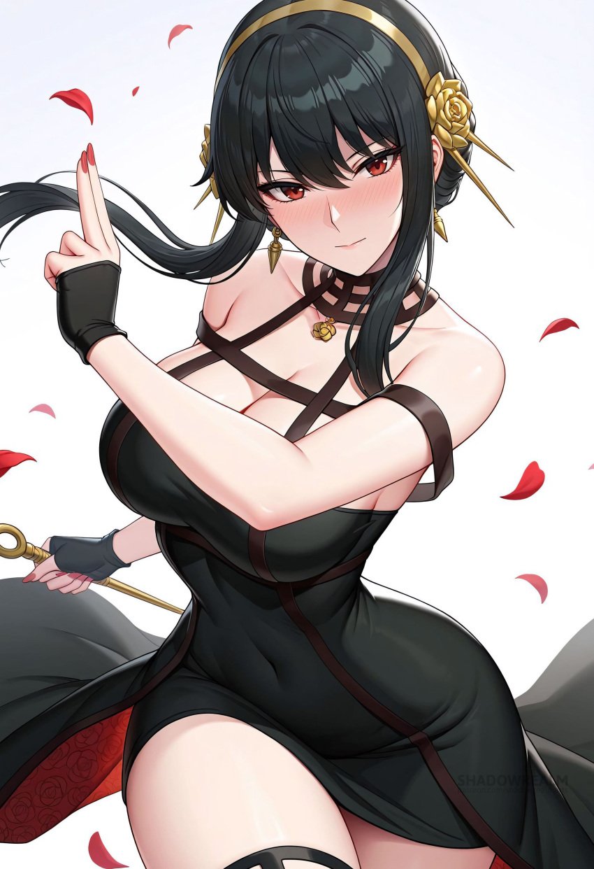 ai_generated bare_shoulders black_dress black_gloves black_hair blush breasts cleavage closed_mouth collarbone covered_navel cowboy_shot dagger dress earrings falling_petals female fingerless_gloves floating_hair flower gloves gold_earrings gold_hairband hair_flower hair_ornament hairband holding holding_dagger holding_knife holding_weapon jewelry knife large_breasts long_hair looking_at_viewer nail_polish petals red_eyes red_nails rose rose_petals rose_print shadowrealmarts sidelocks simple_background smile solo spikes spy_x_family thighs two-sided_dress two-sided_fabric uncensored weapon white_background yor_briar