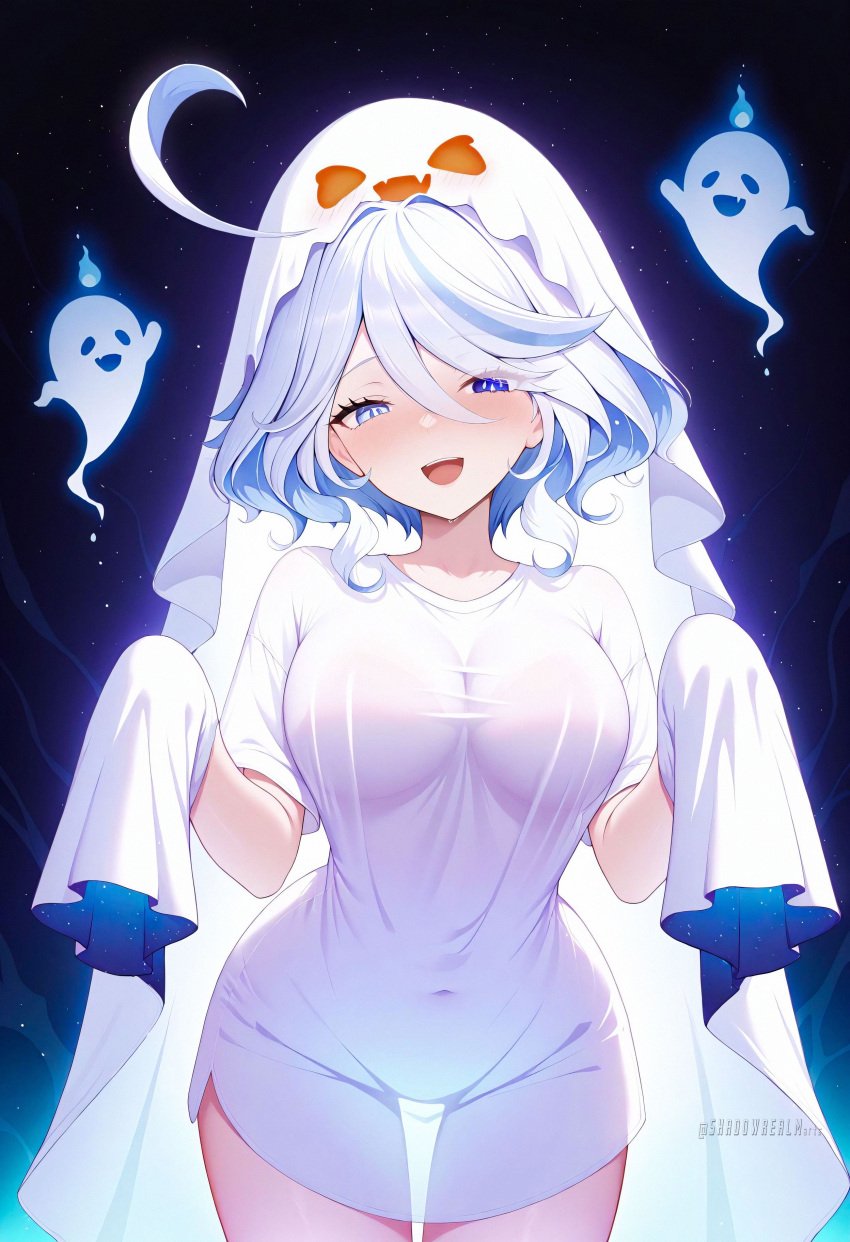 ahoge ai_generated alternate_breast_size alternate_costume blue_eyes blue_hair blush breasts covered_navel cowboy_shot female furina_(genshin_impact) genshin_impact ghost ghost_costume ghost_pose hair_between_eyes halloween heterochromia large_breasts looking_at_viewer mismatched_pupils multicolored_hair open_mouth see-through see-through_silhouette shadowrealmarts shirt short_hair short_sleeves smile solo streaked_hair thigh_gap thighs two-tone_hair uncensored white_hair white_shirt